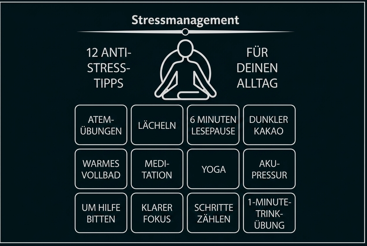 Infografik zu Stressmanagement mit 12 Anti-Stress-Tipps für den Alltag.
